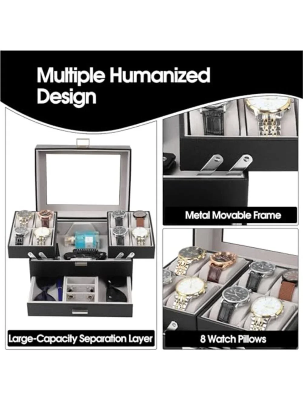 Watch Box, Watch Case for Men, 8 Slot Watch Display Case, 3 Layers Large